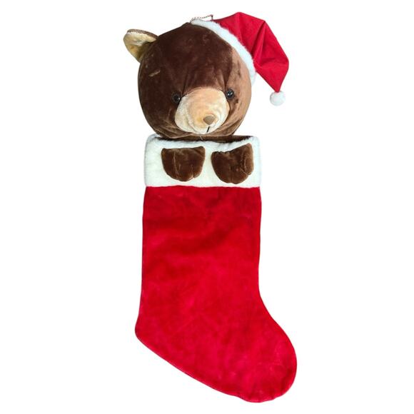Vintage 80s Christmas Stocking Plush 3D Teddy Bear‎ Santa Hat 48" Humongous XL - Picture 2 of 13